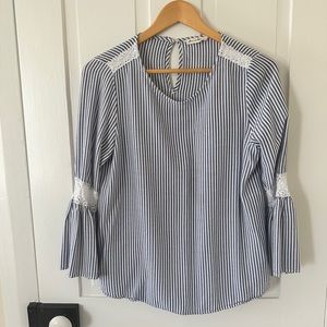 Jane and Delancey striped bell sleeve lace blouse top size M